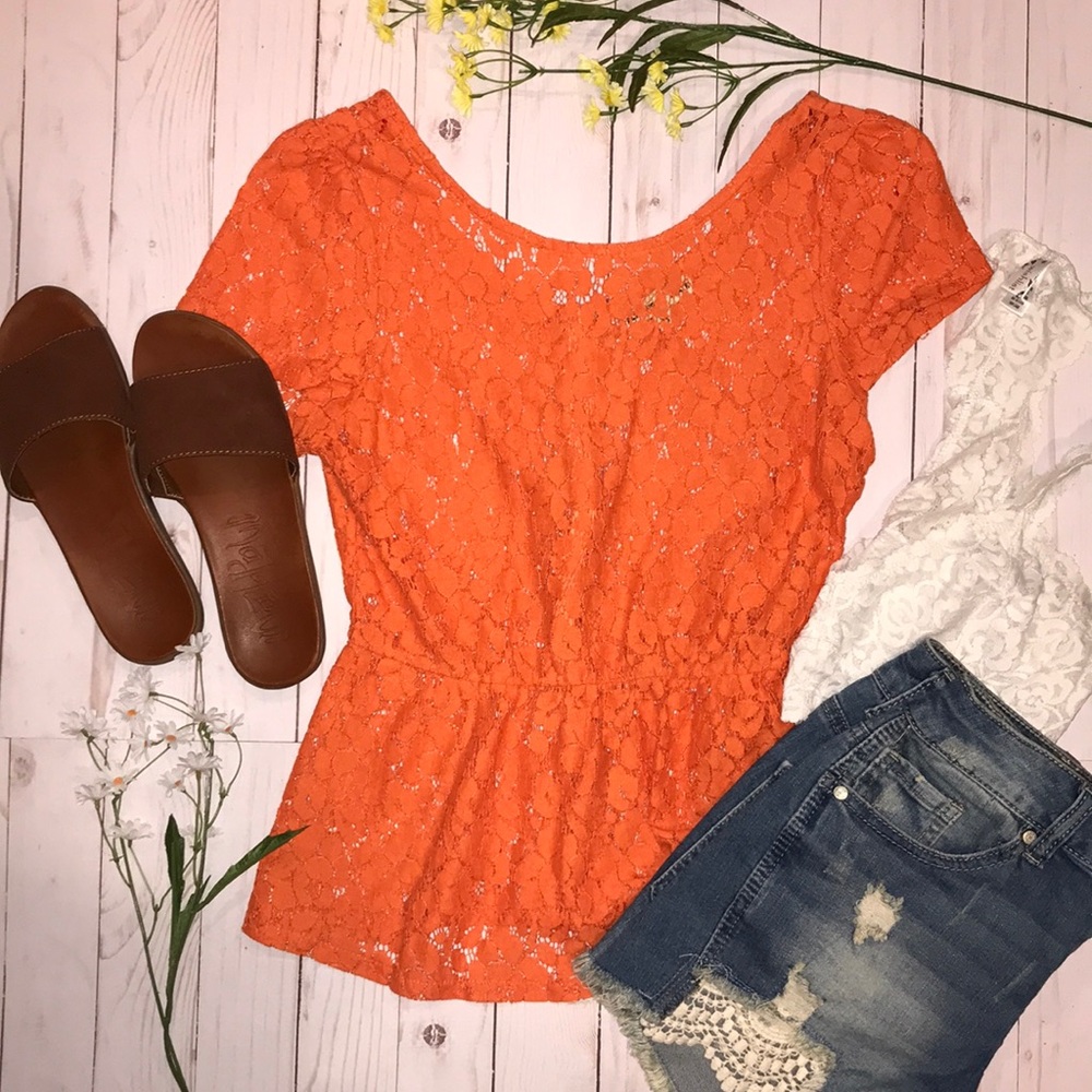 Altar’d State Orange Lacy Flower Patterned Peplum